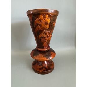 Vintage Hand Carved Solid Wooden Flower Bali Style Tropical Floral Vase Art Boho